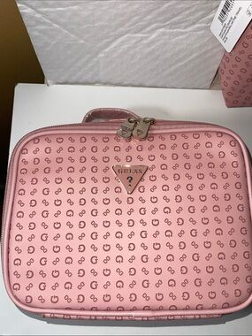 Guess Blush Pink Logo Train Case Cosmetic Bag